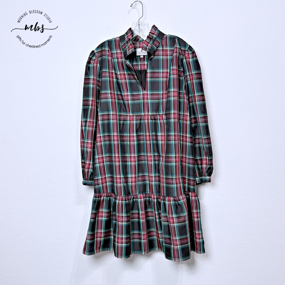 Tuckernuck Royal Stewart Tartan Plaid Ruffle Neck Mini Dress Red Green Women 3XL